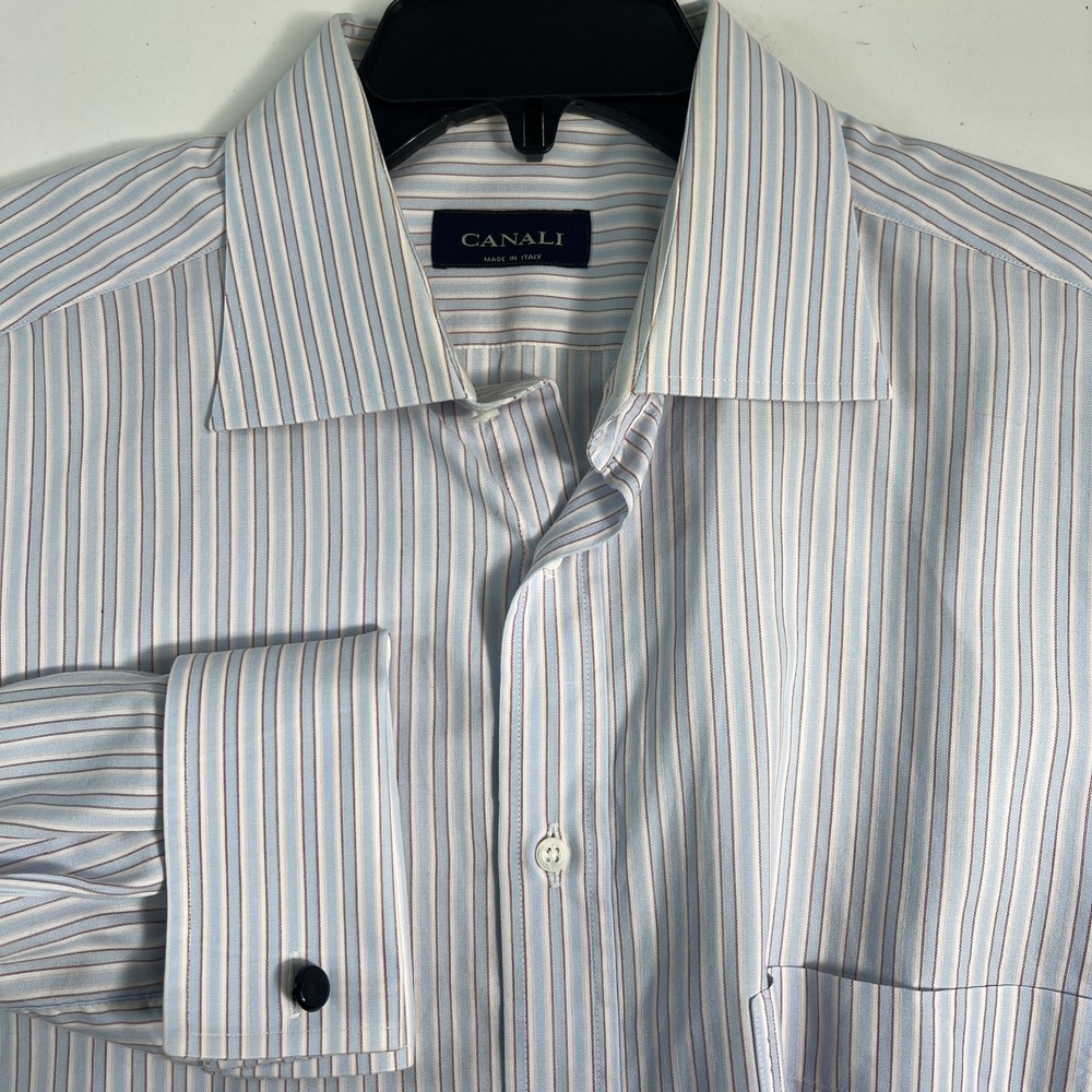 Canali Shirt Mens 17.5 44 Blue Stripe Dress Long Sleeve French Cuff Made Italy